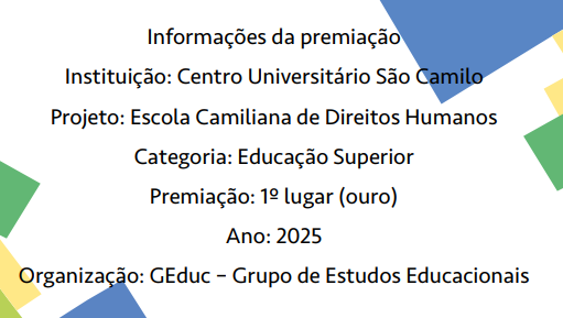 Informações da premiação para "Escola Camiliana de Direitos Humanos".